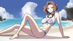  1girl absurdres ass beach bikini breasts brown_hair cloud cloudy_sky creatures_(company) daydarion game_freak hair_ornament highres large_breasts legs looking_at_viewer navel nintendo palina_(pokemon) pokemon pokemon_legends:_arceus sandals serious sitting skinny sky stomach swimsuit water  rating:Sensitive score:47 user:gragertold