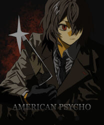  1boy akechi_gorou american_psycho black_gloves brown_coat brown_hair closed_mouth coat collared_shirt copyright_name glint gloves hair_over_one_eye highres holding holding_knife holding_weapon knife long_sleeves male_focus movie_poster necktie parody persona persona_5 red_eyes reflection shirt short_hair simple_background smirk solo striped_necktie tami_tome_mo upper_body weapon white_necktie white_shirt wing_collar 
