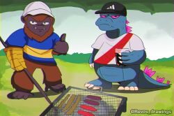  2boys alcohol animal ape argentina b.e.a.s.t._glove baseball_cap boca_juniors claws cooking crossover drink elbow_spikes electroshock_weapon fangs full_body gauntlets giant giant_monster gills glowing godzilla godzilla_(series) godzilla_evolved godzilla_x_kong:_the_new_empire gorilla grass grill hat highres holding holding_drink jaw kaijuu king_kong king_kong_(series) legendary_pictures long_tail looking_at_another looking_at_viewer meme meme_attire monster monsterverse multiple_boys muscular no_humans open_mouth outdoors parody print_shirt reptile revov_drawings river_plate scales serious sharp_teeth shirt smile soccer_uniform spiked_tail spines sportswear standing tail teeth toho weapon 