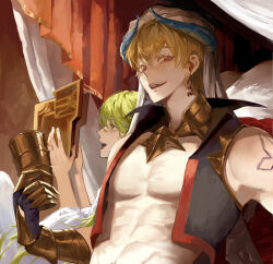  1boy 1other abs arabian_clothes bare_pectorals blonde_hair claw_ring collar cropped_vest cup earrings enkidu_(fate) fate/grand_order fate_(series) gilgamesh gilgamesh_(caster)_(fate) gilgamesh_(fate) green_hair hair_between_eyes highres holding holding_cup jewelry long_hair looking_at_viewer male_focus metal_collar no_nipples open_mouth pectorals reading red_eyes short_hair shoulder_tattoo tattoo teeth turban upper_body upper_teeth_only vambraces vest zuraa_(naunau_seijin) 