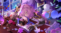  1girl absurdres black_gloves book bug butterfly closed_eyes crystal_flower cup decorations drinking_glass elbow_gloves elf elysia_(honkai_impact) elysia_(miss_pink_elf)_(honkai_impact) evzeva flower gloves hair_between_eyes hair_ornament highres honkai_(series) honkai_impact_3rd insect jewelry long_hair necklace open_book pink_hair pointy_ears red_flower red_rose rose sleeping_on_desk solo triquetra white_flower window wine_glass 