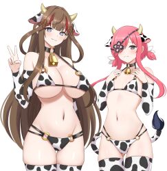  +_+ 2girls 3: :3 absurdres animal_print bell bikini breasts brown_hair chinese_knot cleavage closed_mouth commission commissioner_upload cow_horns cow_print cow_print_bikini cow_tail cowbell detached_sleeves eyepatch flat_chest flower-shaped_pupils frown gluteal_fold hair_ornament hair_over_eyes hair_over_one_eye hair_rings hairpin highres horns kazakiri_(senran_kagura) large_breasts light_blush long_hair multicolored_hair multiple_girls multiple_hairpins navel neck_bell pink_hair pink_pupils print_bikini purple_eyes red_hair revealing_clothes senran_kagura short_hair short_twintails simple_background skeb_commission skindentation smile streaked_hair surippa1010 swimsuit symbol-shaped_pupils tail thighhighs toki_(senran_kagura) twintails underboob v white_background 