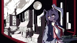  1girl :&lt; animal_ears architecture billboard black_jacket blazer breasts cirno city closed_mouth collared_shirt commentary duojiaomaotou-tougarashi east_asian_architecture full_moon gun hair_between_eyes hair_intakes highres holding holding_gun holding_weapon jacket long_bangs long_hair long_sleeves looking_afar looking_to_the_side medium_breasts moon necktie pink_eyes purple_hair rabbit_ears rabbit_girl red_necktie reisen_udongein_inaba rifle shirt sniper_rifle solo space teruyof touhou upper_body very_long_hair watatsuki_no_toyohime weapon white_shirt 