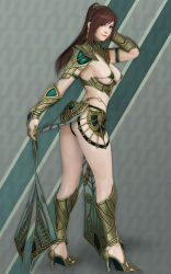  1girl 3d armor ass bikini_armor breasts brown_hair covered_erect_nipples full_body greaves green_eyes high_heels high_ponytail highres kingdom_under_fire long_hair looking_at_viewer looking_back medium_breasts midriff no_socks original pauldrons primrose_egypt red_hair revealing_clothes ryanreos shoulder_armor solo standing thong twisted_torso vambraces 