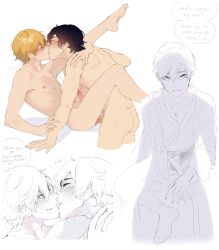 2boys absurdres anal arm_support ass barefoot between_legs black_hair blonde_hair blush breath closed_eyes collage collarbone completely_nude couple english_text erection eye_contact face-to-face feet french_kiss half-closed_eyes hand_between_legs hand_on_another&#039;s_shoulder hand_up heart highres imminent_kiss japanese_clothes kimono kiss legs_up looking_at_another looking_at_viewer male_focus male_penetrated mikatan moaning multiple_boys multiple_views nipples nude original parted_lips pectorals penis profile reclining sex short_hair simple_background sitting sketch speech_bubble spoken_heart spread_legs sweat testicles uncensored veins veiny_penis yaoi rating:Explicit score:39 user:danbooru