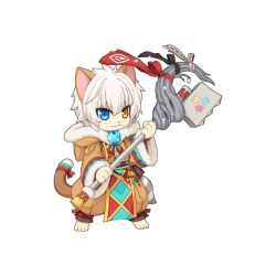  1boy :3 animal_ears animal_hood barefoot belt blue_belt blue_eyes bow brown_coat brown_pants cat_boy cat_ears cat_hood cat_tail chibi closed_mouth coat full_body fur_coat furry furry_male hair_between_eyes heterochromia holding holding_staff hood hood_down hooded_coat jewelry long_sleeves looking_at_viewer magatama magatama_necklace mage_staff male_focus medium_bangs neck_ribbon necklace official_art pants pelvic_curtain ragnarok_online red_ribbon ribbon short_hair simple_background smile solo spirit_handler_(ragnarok_online) staff standing tachi-e tail tail_bow tail_ornament tassel transparent_background whiskers white_hair yellow_eyes yuichirou 