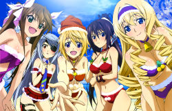 10s 5girls :&lt; absurdres beach bell bikini black_hair blonde_hair blue_eyes blush breasts brown_hair cecilia_alcott charlotte_dunois christmas cleavage cloud day detexted drill_hair eyepatch fang frown green_eyes hairband hashimoto_takayoshi hat highres huang_lingyin infinite_stratos jingle_bell laura_bodewig long_hair medium_breasts multiple_girls necktie non-web_source ocean open_mouth outdoors ponytail red_eyes santa_costume santa_hat shinonono_houki short_hair silver_hair sky smile swimsuit third-party_edit twintails very_long_hair water  rating:Questionable score:53 user:danbooru