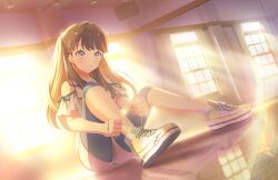  1girl blue_pants brown_hair brown_shorts closed_mouth clothing_cutout fujishima_megumi game_cg highres link!_like!_love_live! long_hair love_live! official_art on_floor pants pants_under_shorts purple_eyes shirt shoes shorts shoulder_cutout sitting smile sneakers solo third-party_source two_side_up tying_footwear virtual_youtuber white_shirt window yellow_footwear 