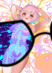  1girl @_@ absurdres ahoge armpits arms_up blue_hair blush breasts bsue collar copyright_name earrings embarrassed eyewear_view fang glasses hair_between_eyes hair_intakes heart highres idolmaster idolmaster_cinderella_girls jewelry large_breasts looking_at_viewer multicolored_hair nude open_mouth pill_earrings pink_collar pink_eyes pink_hair short_hair skeleton smile solo two-tone_hair x-ray x-ray_glasses x-ray_vision yumemi_riamu  rating:Questionable score:50 user:danbooru