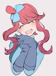  1girl ajikoikoi blue_gloves blush closed_eyes commentary_request creatures_(company) cropped_torso game_freak gloves grey_background highres nintendo open_mouth own_hands_together pokemon pokemon_bw red_hair skyla_(pokemon) smile solo 