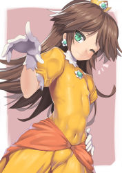 1girl ;) abs androgynous blush brown_hair covered_erect_nipples covered_navel crown dress earrings female_focus flat_chest gloves green_eyes hand_on_own_hip jewelry long_hair looking_at_viewer mario_(series) nagase_haruhito navel nintendo one_eye_closed princess princess_daisy skin_tight smile solo standing super_mario_land toned white_gloves wink rating:Questionable score:192 user:danbooru