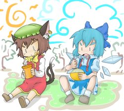 2girls animal_ears blue_hair bow brown_hair cat_ears cat_tail chen cirno cup dress earrings eating eyebrows hair_bow hat ice jewelry littleshrimp multiple_girls multiple_tails shaved_ice shoes short_hair socks straw tail touhou wings rating:Sensitive score:3 user:danbooru