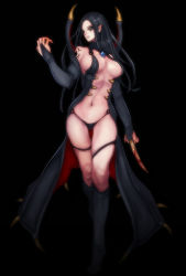  1girl asanuma bad_id bad_pixiv_id bare_shoulders black_background black_dress black_hair blood boots breasts bridal_gauntlets center_opening contrapposto dress facing_viewer full_body kingdom_under_fire linea_alba makeup medium_breasts morene_strident navel no_bra parted_bangs pointy_ears revealing_clothes sideboob simple_background solo standing tagme thigh_gap thigh_strap 