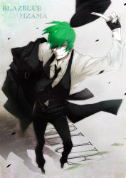  1boy arc_system_works blazblue formal full_body gradient_background green_hair hat hazama male_focus necktie partially_colored solo suit yellow_eyes  rating:Sensitive score:11 user:DansTheLoveGame