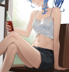  1girl armpit_crease asymmetrical_hair bare_legs bare_shoulders black_shorts blue_choker blue_hair blurry blurry_background blush bottle breasts choker collarbone crossed_legs diptip feet_out_of_frame hashtag-only_commentary highres holding holding_bottle hololive hoshimachi_suisei indoors legs long_hair navel on_chair parted_lips shirt short_shorts shorts side_ponytail sidelocks sitting small_breasts soda_bottle solo sweat sweatdrop tank_top teeth thighs tied_shirt virtual_youtuber wet wet_clothes wet_shirt white_tank_top 