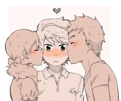  1boy 1girl 1other :3 androgynous ange_(angeban93) bisexual_female bisexual_male blush bow cheek_kiss collared_shirt commentary double_cheek_kiss english_commentary hair_bow heart kiss kissing_cheek nose_blush original shirt 