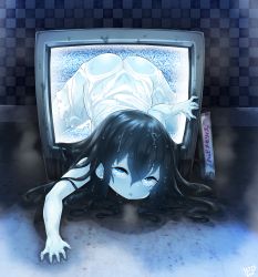  1girl all_fours ass bad_id bad_pixiv_id black_hair blue_eyes born-to-die dress highres legs_apart loli long_hair looking_at_viewer pale_skin see-through solo static television the_ring through_medium through_screen top-down_bottom-up translated videocassette wet wet_clothes wet_dress wet_hair white_dress yamamura_sadako  rating:Questionable score:407 user:danbooru