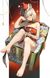 1girl alternate_costume animal_ear_fluff animal_ears arknights arm_rest arm_support armpit_crease bare_legs bare_shoulders barefoot between_toes black_ribbon blush box breasts chinese_commentary choker christmas christmas_lights christmas_present cleavage closed_mouth collarbone commentary commentary_request dress english_commentary expressionless feet foot_focus foreshortening from_above full_body fur-trimmed_dress fur-trimmed_headwear fur_trim gift gift_box gift_wrapping gradient_background green_background green_choker green_eyes grey_hair hair_between_eyes hand_in_own_hair hand_on_own_stomach hand_up hat hat_ribbon head_tilt highres holding holding_stuffed_toy holding_with_feet in_box in_container invisible_floor kal&#039;tsit_(arknights) knees leg_up legs long_hair looking_at_viewer looking_up lying lynx_ears lynx_girl material_growth medium_breasts merry_christmas mistletoe mixed-language_commentary on_back open_box oripathy_lesion_(arknights) outside_border pillarboxed pom_pom_(clothes) red_background red_dress red_hat red_ribbon ribbon santa_hat shadow short_dress single_sidelock solo strapless strapless_dress stuffed_toy tabayashi thighs toenails toes yellow_ribbon rating:Sensitive score:26 user:danbooru