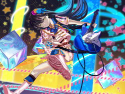  1girl absurdres arm_ribbon arms_up bang_dream! belt black_background black_hair blue_background blue_bow blue_flower blue_ribbon blue_rose boots bow brown_background brown_belt buttons chain closed_mouth collared_shirt collared_vest cube electric_guitar fingernails flower gold_chain gradient_background green_eyes guitar hair_between_eyes hair_bow hair_flower hair_ornament hanazono_tae hands_up highres holding holding_instrument instrument looking_at_viewer multicolored_background pink_footwear pink_shirt pink_shorts pink_vest poppin&#039;party purple_background purple_flower purple_rose rainbow reki_(user_rcrd4534) ribbon rose shirt short_sleeves shorts sitting smile solo star_(symbol) star_hair_ornament starry_background tape vest yellow_flower yellow_rose 