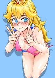 1girl bad_id bad_pixiv_id bare_arms bare_legs bare_shoulders bikini blonde_hair blue_eyes blue_pupils blush breasts brooch cleavage closed_mouth collarbone crown double_v earrings from_side full_body hands_up highres jewelry long_hair looking_at_viewer looking_up mario_(series) medium_breasts navel nintendo nose_blush pink_bikini princess_peach seiza side-tie_bikini_bottom side-tie_bottom sitting smile solo stomach sweat swimsuit tadd_(tatd) v rating:Sensitive score:26 user:danbooru