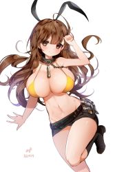  10s 1girl animal_ears belt bikini blade_&amp;_soul blush boots breasts brown_eyes brown_hair rabbit_ears chain cleavage clenched_hand collar animal_collar fake_animal_ears gingin8926 highres large_breasts legs_folded long_hair looking_at_viewer navel original pencil_skirt simple_background skirt smile solo swimsuit white_background yellow_bikini  rating:Sensitive score:30 user:danbooru