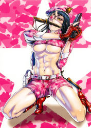 1girl abs absurdres bikini bikini_top_only boots breasts combat_knife eyepatch gloves gun handgun high_heels highres holding holding_gun holding_weapon jormungand_(manga) kneeling knife large_breasts long_hair mouth_hold muscular muscular_female navel official_art pink_theme pistol red_footwear red_gloves shoes short_hair shorts sofia_valmer swimsuit takahashi_keitarou trigger_discipline underboob weapon yellow_eyes rating:Questionable score:81 user:danbooru