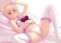 1girl :p :q ahoge animal_ear_fluff animal_ears arm_up ass bare_arms bare_shoulders bed_sheet blonde_hair blush breasts cameltoe cat_ears closed_mouth commentary covered_erect_nipples english_commentary groin hair_between_eyes highres large_breasts long_hair looking_at_viewer lying midriff navel no_pants no_shoes nottytiffy on_back original panties patreon_username pillow red_eyes slit_pupils smile solo spread_legs tank_top thighhighs tiffy_(nottytiffy) tongue tongue_out underwear very_long_hair watermark web_address white_background white_panties white_thighhighs rating:Questionable score:62 user:danbooru