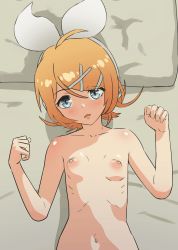  1girl ahoge animated animated_gif blonde_hair blue_eyes bouncing_breasts bow breasts emotionless_sex female_focus hair_between_eyes hair_bow hair_ornament hairclip implied_sex kagamine_rin loli looking_at_viewer lying mumumuka navel nipples nude on_back on_bed out-of-frame_censoring out_of_frame pov sex small_breasts swept_bangs vocaloid white_bow 