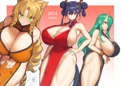 3girls alternate_breast_size animal_ears arknights bare_shoulders black_dress black_hair blonde_hair blush breasts brown_eyes ch&#039;en_(ageless_afterglow)_(arknights) ch&#039;en_(arknights) china_dress chinese_clothes cleavage cleavage_cutout closed_mouth clothing_cutout double_bun dragon_girl dragon_horns dragon_tail dress drill_hair drill_sidelocks green_eyes green_hair hair_bun heart_cutout horns hoshiguma_(arknights) huge_breasts long_hair looking_at_viewer melon22 multiple_girls open_mouth orange_dress pelvic_curtain red_dress red_eyes sideboob sidelocks simple_background single_horn skin-covered_horns sleeveless sleeveless_dress smile swire_(arknights) tail thighs tiger_ears tiger_girl tiger_tail very_long_hair rating:Sensitive score:39 user:danbooru