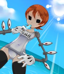  1girl animalorb_kirin animalorbkirin black_thighhighs cloud day dutch_angle extra_eyes eye_socket flat_chest food gloves hand_on_own_hip highres ice_cream lens_flare mechanical_arms navel ocean one-piece_swimsuit orange_hair outdoors peacock_(skullgirls) popsicle red_eyes school_swimsuit short_hair skullgirls sky solo sweat swimsuit thighhighs white_gloves white_school_swimsuit white_one-piece_swimsuit 
