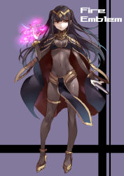  1girl anklet black_hair bodysuit book bracelet breasts cape cleavage copyright_name fire_emblem fire_emblem_awakening full_body headdress high_heels highres jewelry loincloth long_hair lots_of_jewelry magic navel nintendo purple_background red_eyes senri_gan shoes small_breasts solo tharja_(fire_emblem) two_side_up  rating:Sensitive score:71 user:danbooru