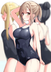  3girls arm_behind_head arm_up bare_arms bare_shoulders black_hair black_one-piece_swimsuit blonde_hair blurry blurry_background blush breasts brown_eyes brown_hair childhood_friend_(ominaeshi) commentary_request covered_navel depth_of_field faceless faceless_female hair_between_eyes hair_bun hair_ornament hairclip highres long_hair looking_at_viewer medium_breasts multiple_girls ominaeshi_(takenoko) one-piece_swimsuit original parted_lips ponytail standing swimsuit white_background 