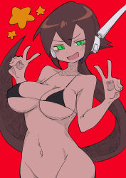  1girl absurdres aile_(mega_man_zx) animal_ears bell bikini black_bikini blush bottomless breasts brown_hair buzzlyears collarbone double_v fang green_eyes highres large_breasts long_hair mega_man_(series) mega_man_zx mega_man_zx_advent navel neck_bell nervous ponytail red_background revealing_clothes robot_ears simple_background skin_fang smug solo star_(symbol) swimsuit v  rating:Sensitive score:13 user:danbooru