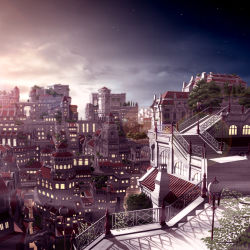 cityscape cloud colorized highres j-unit_(lilykiss) lamp lens_flare lights munashichi night no_humans original rooftop scenery sky stairs star_(sky) star_(symbol) starry_sky tile_roof tree window rating:General score:44 user:danbooru