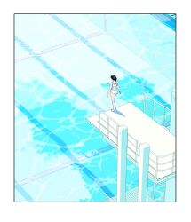  1girl bikini black_hair caustics competition_swimsuit day diving_board edoya_inuhachi facing_ahead from_above highres one-piece_swimsuit original outdoors ponytail pool racerback shadow short_hair solo standing swimsuit water white_bikini wide_shot 