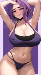  1girl absurdres arm_behind_back armpits arms_up boku_no_hero_academia brand_name_imitation breasts cleavage edmun6969 half-closed_eyes hand_in_own_hair highres lady_nagant large_breasts looking_at_viewer mature_female medium_hair multi-strapped_panties multicolored_hair navel panties parted_lips pink_hair presenting_armpit purple_background purple_eyes purple_hair purple_panties purple_sports_bra revision smile solo sports_bra stomach streaked_hair sweat thighs two-tone_hair underwear  rating:Sensitive score:181 user:danbooru