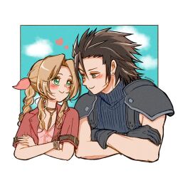  1boy 1girl aerith_gainsborough armor bangle black_gloves black_hair blue_eyes blue_sky blush border bracelet braid braided_ponytail brown_hair closed_mouth cloud cloudy_sky couple crisis_core_final_fantasy_vii cropped_torso cross_scar crossed_arms dress earrings facial_scar final_fantasy final_fantasy_vii final_fantasy_vii_rebirth final_fantasy_vii_remake gloves green_eyes hair_ribbon hair_slicked_back heart jacket jewelry long_hair looking_at_another looking_to_the_side noi_(noi28224) outside_border parted_bangs pink_dress pink_ribbon red_jacket ribbon scar scar_on_cheek scar_on_face shoulder_armor sidelocks sky sleeveless sleeveless_turtleneck smile spiked_hair stud_earrings sweater turtleneck turtleneck_sweater twitter_username upper_body white_border zack_fair 