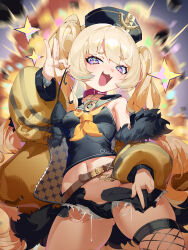  +_+ 1girl :d absurdres aiza-ku anchor_hat_ornament azur_lane bache_(azur_lane) bare_shoulders belt black_panties black_serafuku black_shorts blonde_hair blush breasts clothes_pull collar commentary_request covered_erect_nipples cowboy_shot crop_top cropped_shirt curly_hair dollar_sign fang fishnet_thighhighs fishnets from_below fur-trimmed_jacket fur_trim groin hair_between_eyes hand_up hat hat_ornament highres hip_focus holding holding_clothes holding_panties holding_underwear jacket leaning_to_the_side long_hair looking_at_viewer looking_down loose_belt loose_pants micro_shorts midriff navel neckerchief no_bra no_panties off_shoulder open_clothes open_jacket open_mouth open_shorts panties presenting pulling_own_clothes purple_eyes red_collar revealing_clothes school_uniform serafuku shirt shorts shorts_pull single_fishnet_legwear skindentation sleeveless sleeveless_shirt small_breasts smile smug solo sparkle_background teasing thighhighs thighs torn_clothes torn_shorts two_side_up underwear unworn_panties unzipped very_long_hair yellow_jacket yellow_neckerchief 