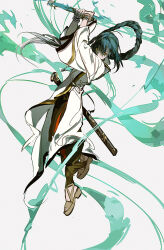  1girl ahoge black_pants blue_hair brown_footwear character_request chinese_commentary commentary_request copyright_request covered_mouth energy_sword full_body high_heels highres holding holding_sword holding_weapon huangdanlan japanese_clothes long_hair long_sleeves looking_at_viewer magic orange_eyes pants robe rope sandals sheath shimenawa simple_background solo sword toes weapon white_background white_robe white_sleeves wide_sleeves 