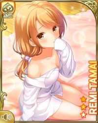 1girl bare_legs barefoot bedroom bottomless brown_eyes brown_hair card_(medium) day dress_shirt girlfriend_(kari) indoors looking_at_viewer low_twintails official_art on_bed open_mouth qp:flapper shirt shy sitting solo tagme tamai_remi twintails white_shirt 