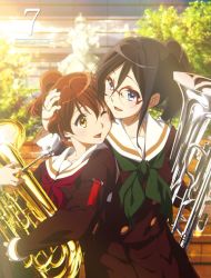10s 2girls :d ;d black_hair blue_eyes blurry bow brown_eyes brown_hair brown_serafuku building collarbone cover cowboy_shot depth_of_field downscaled dvd_cover euphonium evening female_focus friends glasses green_bow green_neckerchief green_ribbon hair_between_eyes hand_on_another&#039;s_head happy head_hug hibike!_euphonium highres holding holding_instrument hug ikeda_shouko instrument kyoto_animation lens_flare long_hair long_sleeves looking_at_another md5_mismatch multiple_girls neck neck_ribbon neckerchief official_art one_eye_closed open_mouth oumae_kumiko outdoors pleated_skirt ponytail red-framed_eyewear red_neckerchief resized resolution_mismatch ribbon sailor_collar school_uniform semi-rimless_eyewear serafuku short_hair skirt smile source_larger stairs standing sunlight tanaka_asuka tree white_sailor_collar wince yellow_eyes rating:Sensitive score:14 user:danbooru