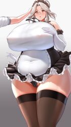  1girl bare_shoulders black_thighhighs blush breasts cameltoe covered_erect_nipples covered_navel dress elbow_gloves eyelashes female_focus glasses gloves gradient_background grey_background head_pat highres huge_breasts labiata_(last_origin) last_origin looking_at_another maid miniskirt namamo_(kura) navel offscreen_person open_mouth plump red_eyes shiny_skin skirt solo standing taut_clothes thick_thighs thighhighs thighs white_background white_dress white_hair wide_hips zettai_ryouiki 