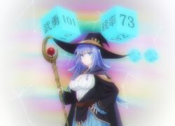 1girl blue_eyes blue_hair breasts cape charlotte_wraith cleavage hand_on_own_hip hat highres large_breasts long_hair looking_at_viewer skirt smile solo staff stitched tensei_kizoku_kantei_skill_de_nariagaru third-party_edit witch_hat