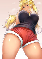1girl arms_behind_back beige_background between_legs black_shirt blonde_hair blush breasts commentary_request contllenge dark-skinned_female dark_skin dumbbell_nan_kilo_moteru? embarrassed from_below gradient_background green_eyes heavy_breathing highres large_breasts long_hair open_mouth red_shorts sakura_hibiki shirt shorts sleeveless sleeveless_shirt solo standing sweat twintails wavy_mouth rating:Sensitive score:59 user:danbooru