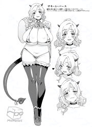  1girl absurdres artist_name bikini choker commentary_request demon_girl demon_horns demon_tail greyscale highres horns micro_bikini momo_no_suidou-sui monochrome open_mouth original pointy_ears shrug_(clothing) side-tie_bikini_bottom sleeves_past_wrists smile swimsuit tail thighhighs translation_request 