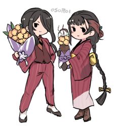  2girls black_eyes black_gloves black_hair black_ribbon black_vest blush boots bouquet braid brown_footwear brown_shirt closed_mouth flower formal full_body gloves hair_over_one_eye hand_in_pocket high_heel_boots high_heels holding holding_bouquet jacket japanese_clothes kantai_collection kimono kumano_maru_(11th_anniversary)_(kancolle) kumano_maru_(kancolle) long_hair long_sleeves looking_at_viewer low_ponytail multiple_girls obi official_alternate_costume pant_suit pants parted_bangs pink_flower red_jacket red_kimono red_pants ribbon sash shirt single_braid smile solid_oval_eyes standing suit suit_jacket terrajin transparent_background vest wide_sleeves yamashio_maru_(kancolle) 