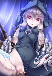  10s 1boy 1girl :o arms_behind_back asymmetrical_clothes blush bodysuit breasts censored chain_chronicle clothed_sex clothing_aside covered_erect_nipples covered_navel cowboy_shot cum cum_in_pussy cum_on_clothes elbow_gloves from_below gauntlets girl_on_top gloves hair_between_eyes hair_over_shoulder hetero highres hood leotard leotard_aside long_hair looking_at_viewer low_twintails mosaic_censoring no_panties open_mouth penis pussy red_eyes reverse_cowgirl_position scrunchie sex sex_from_behind shimo_(depthbomb) silver_hair single_pantsleg small_breasts solo_focus spread_legs straddling tattoo testicles twintails vaginal wide_hips yuni_(chain_chronicle)  rating:Explicit score:68 user:danbooru