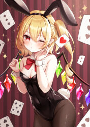  1girl absurdres ace_(playing_card) ace_of_hearts alternate_costume animal_ears black_leotard black_pantyhose blonde_hair blush bow bowtie breasts card cleavage club_(shape) commentary_request covered_navel crystal detached_collar fake_animal_ears fake_tail flandre_scarlet heart highres leotard looking_at_viewer multicolored_wings naarsann one_eye_closed one_side_up pantyhose playboy_bunny playing_card pointy_ears rabbit_ears rabbit_tail red_bow red_bowtie red_eyes side_ponytail solo spade_(shape) sparkle strapless strapless_leotard tail touhou wings wrist_cuffs 