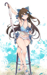  1girl absurdres arm_up bad_anatomy bar_stool bikini blue_bikini blue_bow blue_eyes bow breasts brown_hair cleavage closed_umbrella collarbone commentary_request frilled_bikini frills full_body grin hair_between_eyes hair_bow half_updo hamayumiba_sou highres holding holding_umbrella large_breasts long_hair looking_at_viewer love_live! love_live!_nijigasaki_high_school_idol_club navel odaiba_beach_girl_(love_live!) official_alternate_costume on_stool osaka_shizuku outline ponytail sidelocks sitting smile solo stomach stool striped_bow swimsuit umbrella white_background white_footwear white_outline white_umbrella 