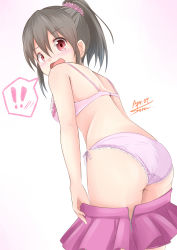  ! !! 1girl ass black_hair blush bra breasts cowboy_shot crotch_seam dated highres hori_yuko idolmaster idolmaster_cinderella_girls leaning_forward medium_breasts open_mouth panties ponytail red_eyes scrunchie shiredo side-tie_panties simple_background skirt speech_bubble spoken_exclamation_mark surprised underwear undressing  rating:Questionable score:24 user:Observer_Alpha